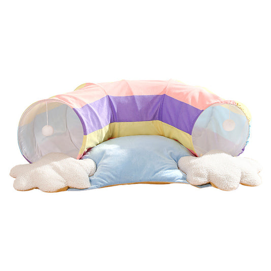 Plush Cat Tunnel and Bed - Foldable Rainbow Pet Tunnel with Warm Teddy Fleece
